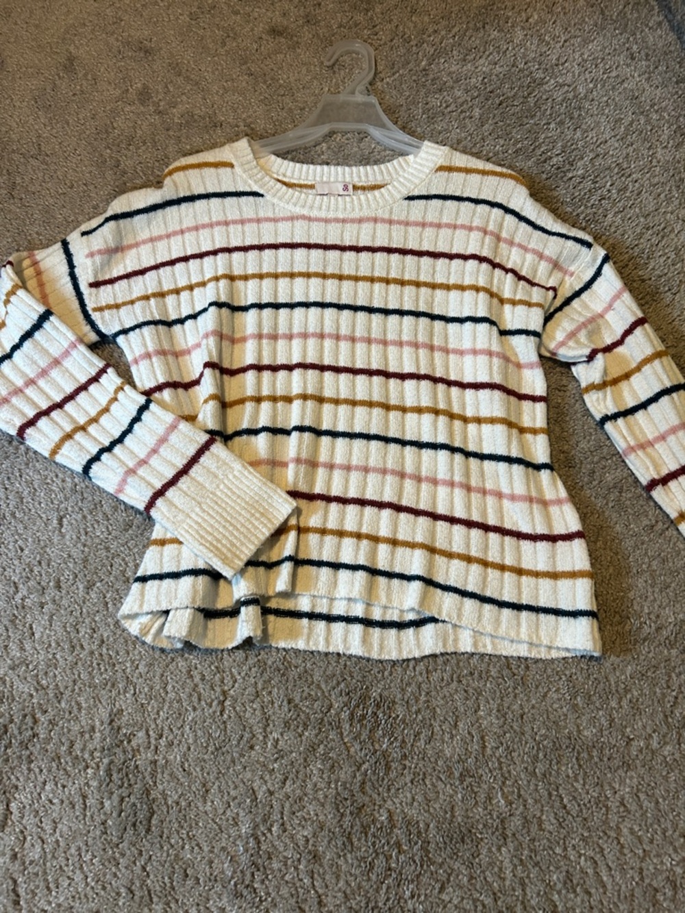 SO Cream Crewneck Sweater with Navy, Burgundy, Mustard, and Blush Stripes
